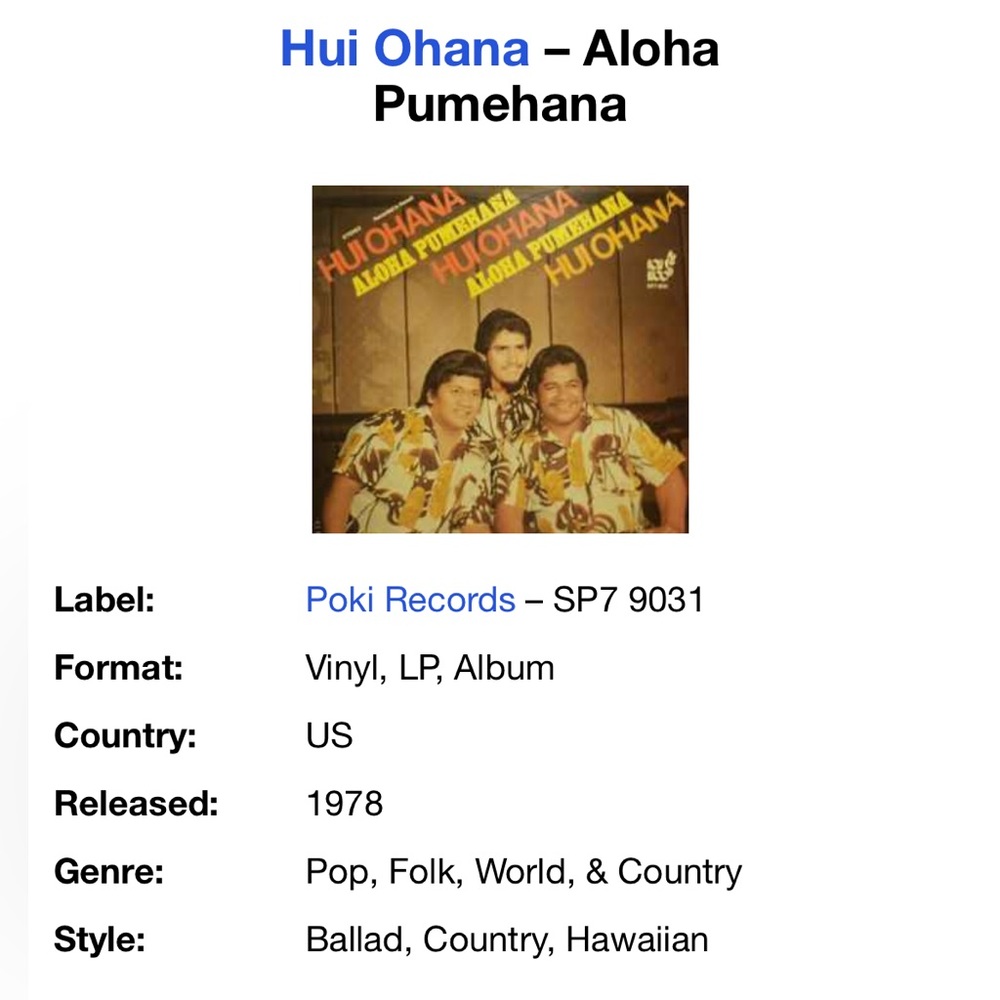 Vintage vinyl Hawaii Hui Ohana aloha pumihana 1978